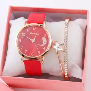 Elegante orologio da polso al quarzo con cinturino rosso e bracciale stella in bella confezione.