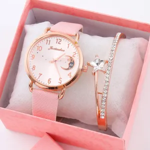 Orologio al Quarzo da Donna alla Moda Quadrante Cielo Stellato Stella Luna Cinturino in Pelle PU Bracciale Stella con Strass Set Regalo Elegante Orologio Analogico per Gioielli Quotidiani