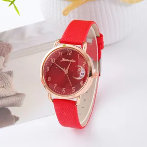 Orologio da polso donna al quarzo rosso con cassa dorata e quadrante luna stella elegante