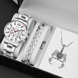 Set regalo orologio da uomo in acciaio argentato bracciale catena collana scorpione
