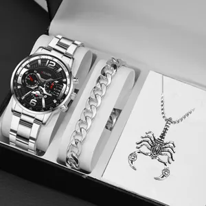 Orologio bracciale collana uomo set acciaio inossidabile argento metallo scatola regalo