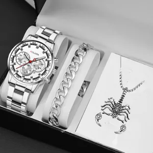 Set regalo uomo orologio quarzo calendario acciaio bracciale catena spessa scorpione
