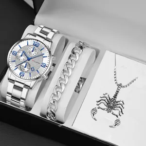Set regalo uomo orologio bracciale acciaio e collana scorpione vista dettagliata raffinata.