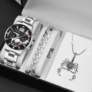 Set regalo da uomo con orologio al quarzo in acciaio bracciale e collana scorpione.