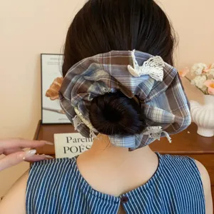 Preppy style brown plaid fabric pleated hair scrunchie with elegant white lace decor accessory.