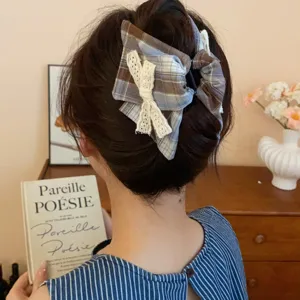 Brown plaid fabric hair clip with lace bow, college style stylish hair claw for women daily wear.