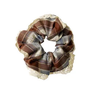 Brown plaid fabric hair scrunchie with cute cream lace trim vintage style pony tail holder