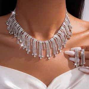 Stunning luxury rhinestone tassel choker necklace and earrings set for women party jewelry