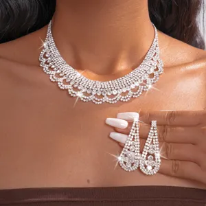 Exquisite court style rhinestone crystal necklace and matching detailed earrings showcase.