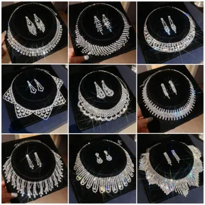 Luxury European Palace Zirconia Floral Water Drop Pendant Necklace And Earrings Jewelry Collection Copper Inlaid Choker Women Jewelry