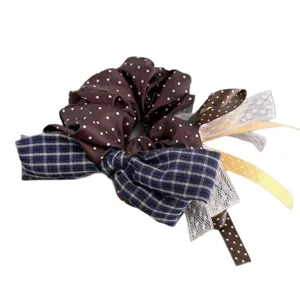 Chouchou style coréen nœud pois carreaux avec ruban dentelle pour femme queue de cheval