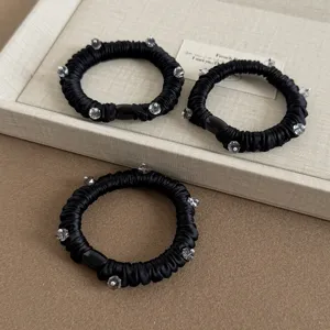Korean Minimalist Pleated Satin Scrunchie With Rhinestone Elastic Hair Tie Solid Color Elegant Hair Band Ponytail Holder For Women Accessories