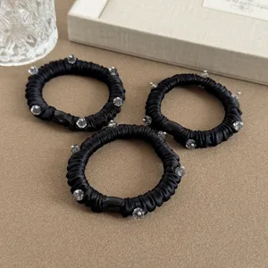 Korean style pleated satin crystal scrunchies set, elegant black hair ties for women daily.