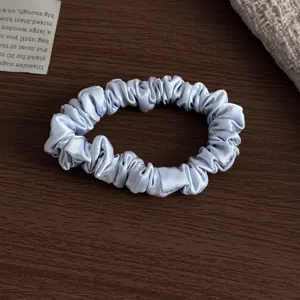 Detailansicht eines hellblauen reinen Maulbeerseide Haargummis, elegant und glatt für Alltag.