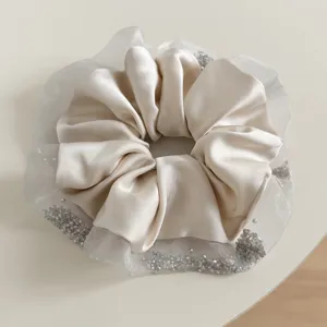 Korean style satin rhinestone mesh edge scrunchie elegant ponytail hair tie accessory