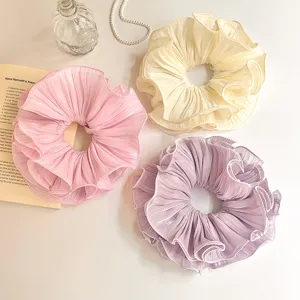 Koreaanse Stijl Grote Geplooide Overlock Satijn Stof Scrunchie Elegant Glanzend Effen Kleur Haarelastiek Voor Vrouwen Meisjes Haaraccessoires