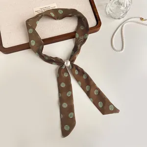 Chic pañuelo de seda con lunares marrones y perla, diadema retro elegante y corbata para mujer.