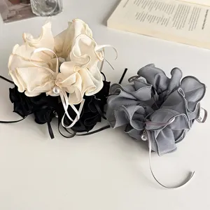 Korean sweet hair scrunchies with ruffles bows pearls, elegant detail hair accessories.