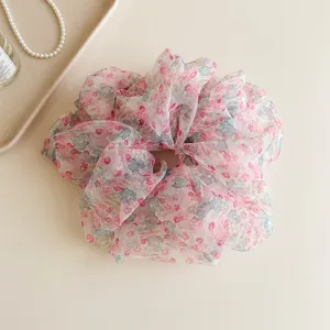 French style large organza floral scrunchie, sweet hair tie and ponytail holder accessory.
