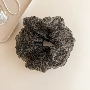 French style large organza leopard print hair scrunchie elegant ponytail holder hair accessory