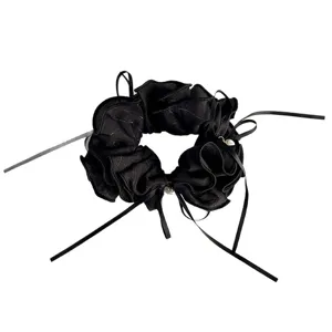Korean style black satin scrunchie with sweet lettuce edge, bow ribbon, and pearl for women ponytail.