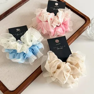 Coleteros de Tul de Malla Estilo Coreano Estampado Floral Dulce Plisado Capullo Lazos para Cabello Elegante Alta Elasticidad para Mujeres