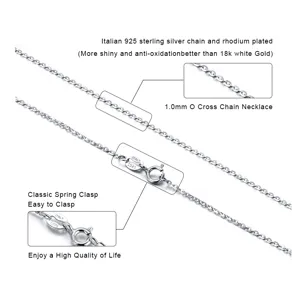 Detail view of 1.0mm Italian 925 sterling silver O cross chain necklace with spring clasp.