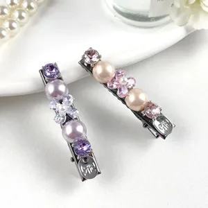 Elegant sparkling rhinestone pearl hair clip luxury duckbill barrette for women detail view