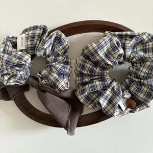 Chouchous en tissu a carreaux vintage coreen avec noeud ruban accessoires cheveux