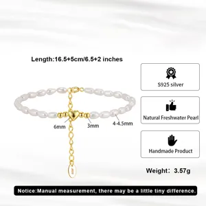 Elegante pulsera de perlas de agua dulce con dije de corazón de plata S925, ajustable.