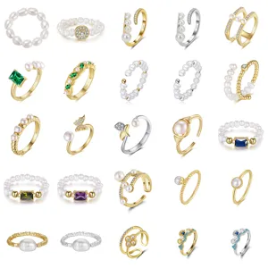 Anello in Argento Sterling 925 per Donna Anello Aperto Regolabile Perla d'Acqua Dolce Zirconia Fiore Geometrico Gioielli Elegante Regalo