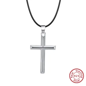 S925 Sterling Silber Kreuz Anhänger Halskette mit Schwarzem Lederband Mode Hip Hop Schmuck