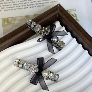 Elegant Alloy Bowknot Hair Clip With Artificial Pearl Rhinestone Embellishment Sweet Side Slide Bang Clip Headwear For Women Daily Party Accessorie