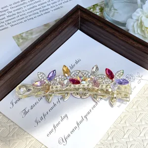 Crystal floral banana hair clip, elegant rhinestone hair styling accessory for women