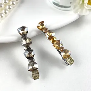 Crystal rhinestone hair clips detail shot, elegant duckbill side clips for women daily styling.