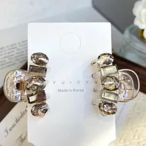 Mini crystal hair claw clips set, transparent small hair clamp for bangs and side hair styling.