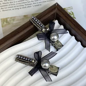 Elegant double bow rhinestone pearl side hair clips for women sweet chic hair styling accessories