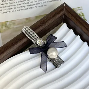 Elegant rhinestone pearl hair clip with navy blue bow sweet side hairpin for women daily wear