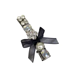 Rhinestone pearl hair clip with black bow sweet side clip for daily fashion styling