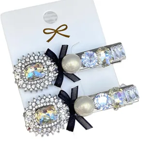 Korean ins style pearl crystal rhinestone silver hairpin fashion side clip cute hair accessory