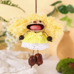 Handcrafted nut shell doll hanging ornament, cute yellow curly hair, perfect bag charm.
