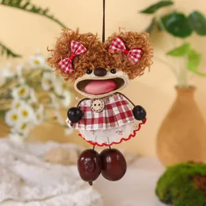 Handmade natural nut shell doll hanging ornament, cute checkered dress creative bag pendant.