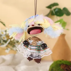 Handmade natural nut shell doll hanging ornament, cute colorful yarn hair bag charm decor.