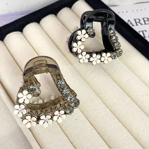 Camellia rhinestone heart hair claw clip, elegant small shark clip for half up hair.