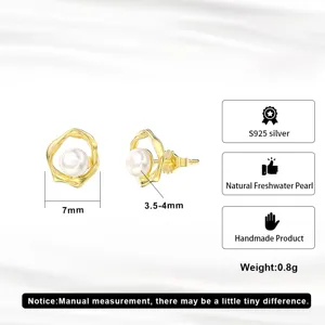 Detailed view of irregular 925 silver earrings featuring natural freshwater pearl and 7mm size.