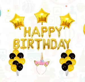 Eenhoorn verjaardag feest decoratie set met gouden ster letter ballonnen en schattige haarband.