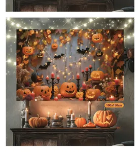 Halloween Hintergrund Wandbehang gruseliger Kürbis Fledermaus Lichterkette Party 100x150cm