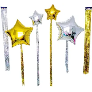 Foil star balloons and tinsel fringe curtains for wedding and birthday party decorations.