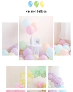 Vista dettagliata di palloncini in lattice macaron in archi e decorazioni pastello.