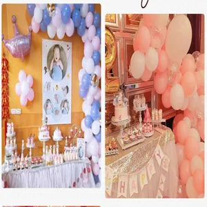 Detail view of balloon chain setup for birthday party and wedding dessert table decoration.